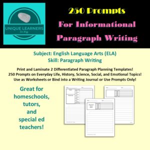 Link to a set of paragraph writing prompts with graphic organizers for kids with special needs.