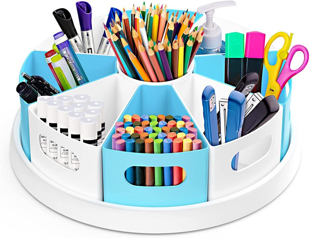 A desktop organizer  makes it easier to keep homeschool supplies in one place.