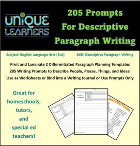 Formatted Descriptive Paragraph Writing Prompts can help kids learn to write description.