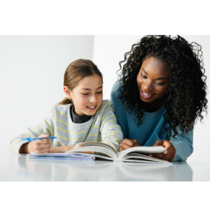 A teacher helps a student look at the text in a book because reading is a visual task.